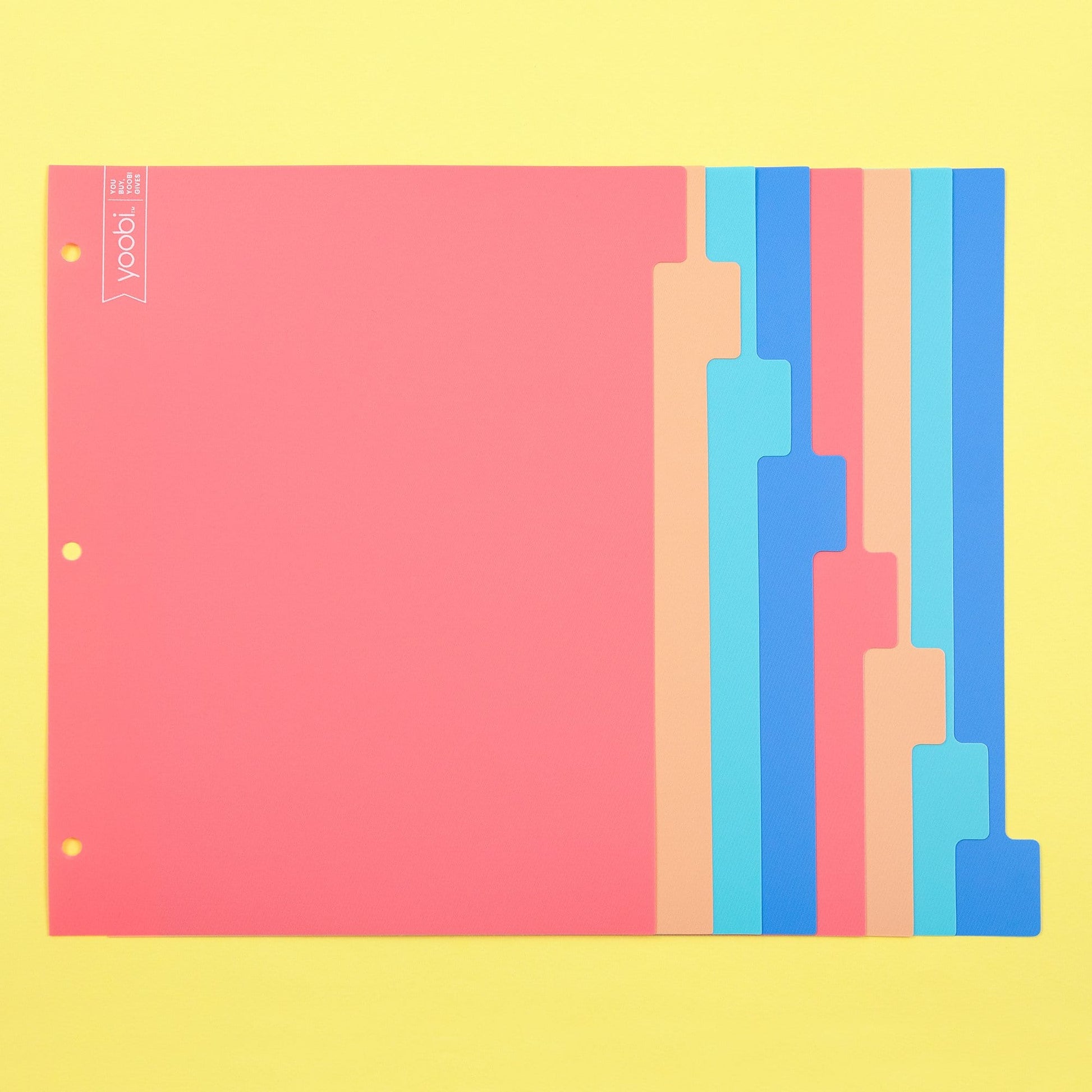 8 tab dividers in 4 colors - coral, blush, mint and blue, with 3-hole punch