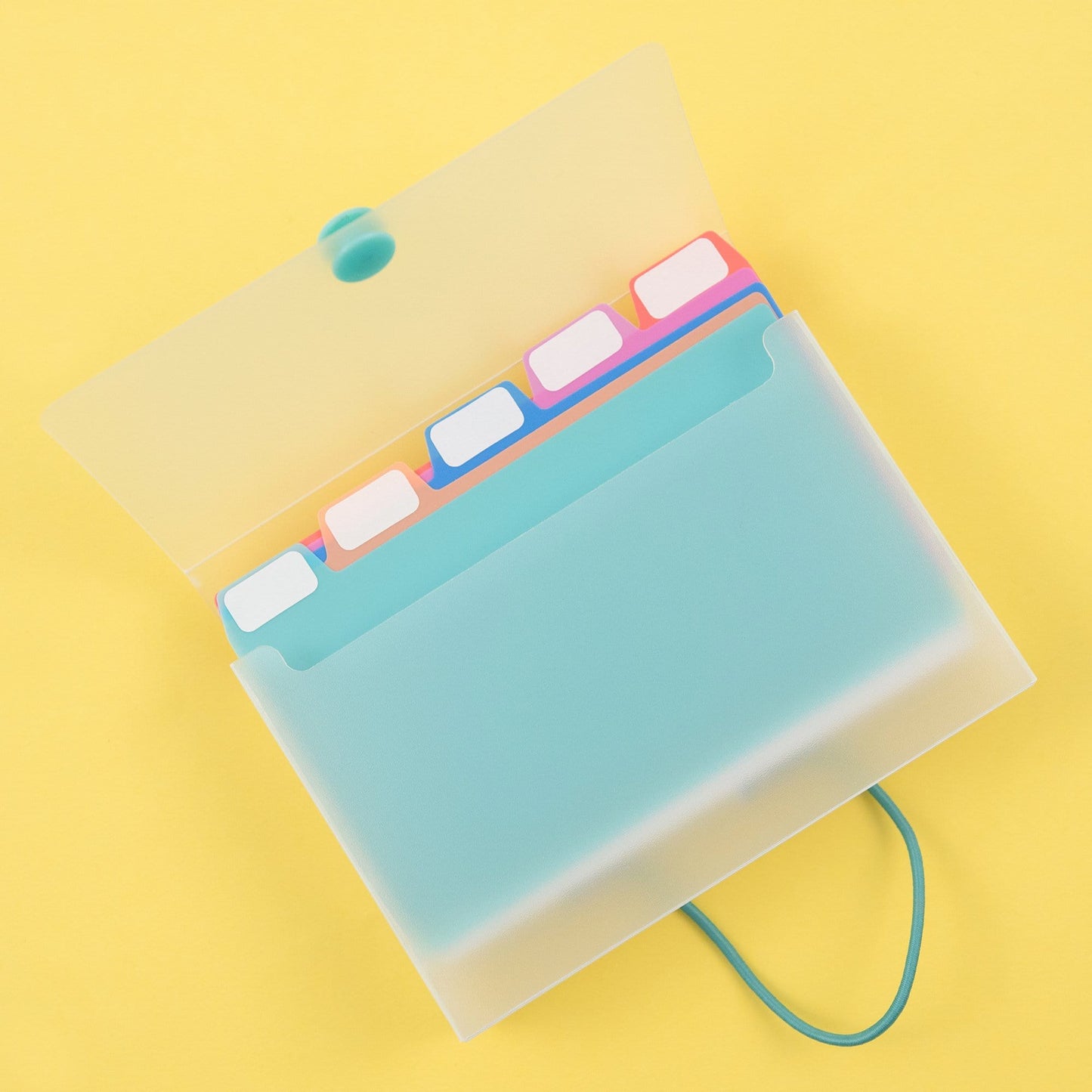 open index card case showing 5 card tab dividers with labels in multiple colors - mint, blush, blue, pink and coral