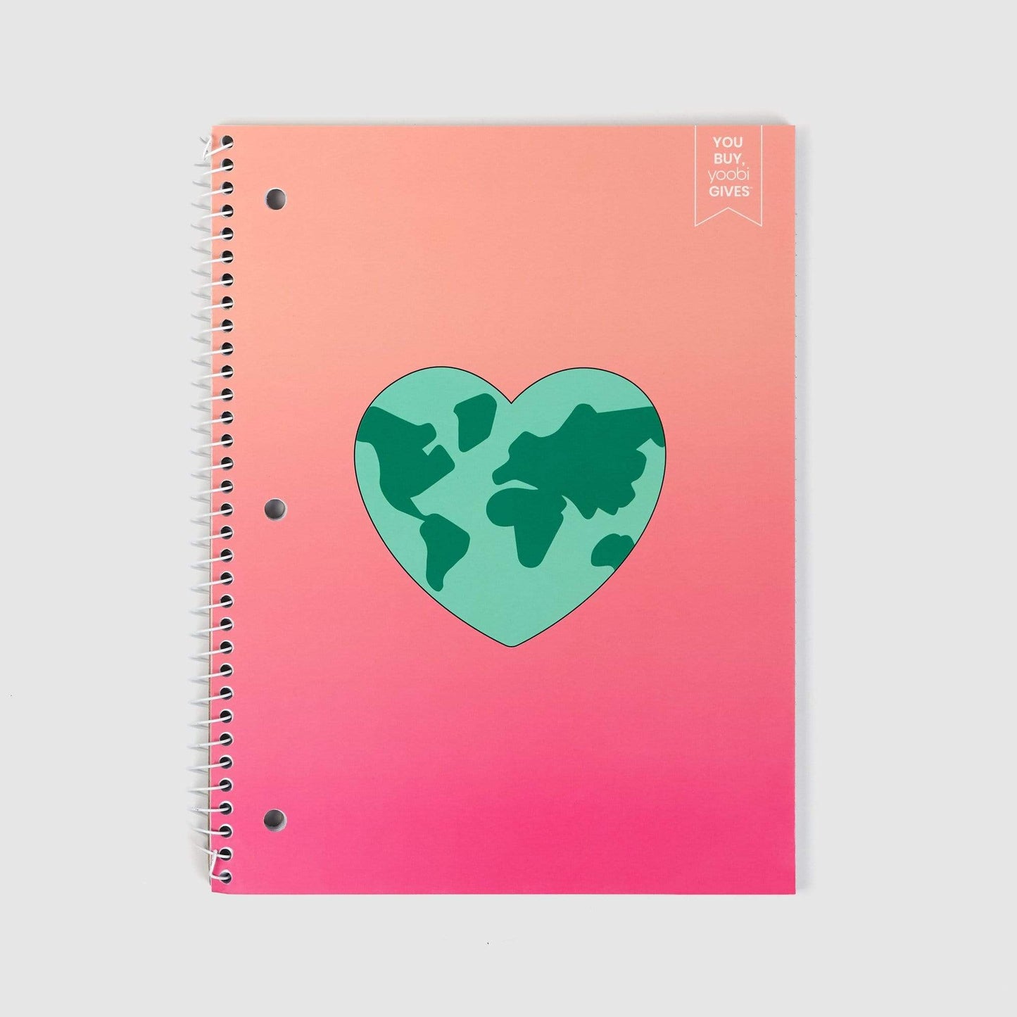 pink one subject spiral notebook with earth heart design on front