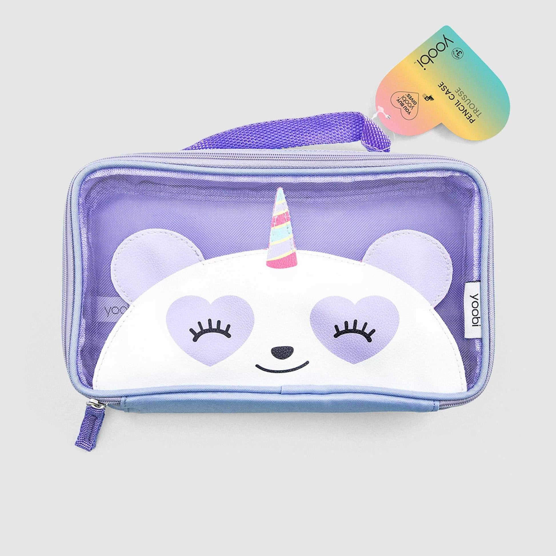 pandacorn mesh pencil case with cute panda face with unicorn horn.  Zip around, lavender rectangle shape