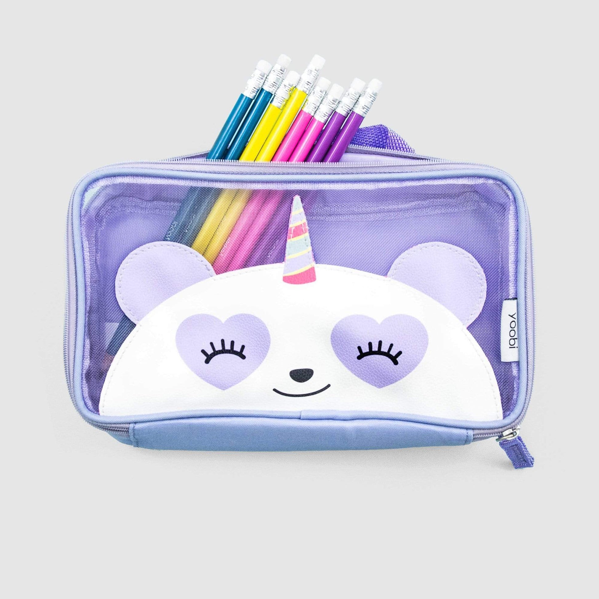 pandacorn mesh zip around pencil case shown with pencils inside
