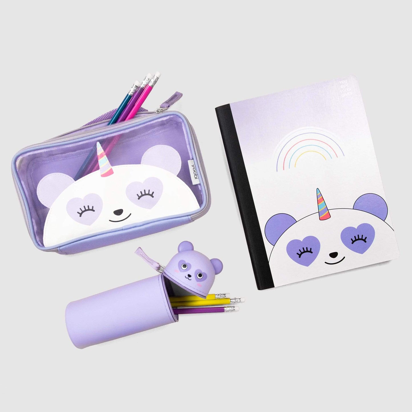 lifestyle image of pandacorn collection - pandacorn mesh zip-around pencil case, Panda stand up pencil case and pandacorn composition book
