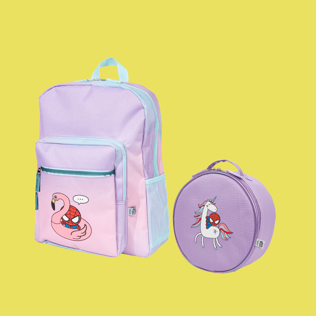 floaty Spider-man backpack and Lunch bag set. Backpack is lavender-pink with front zipper pocket showing Spider-Man sitting on swan floaty. Lunch bag is lavender with Spider-Man riding on unicorn printed on front. Round with top zipper and handle