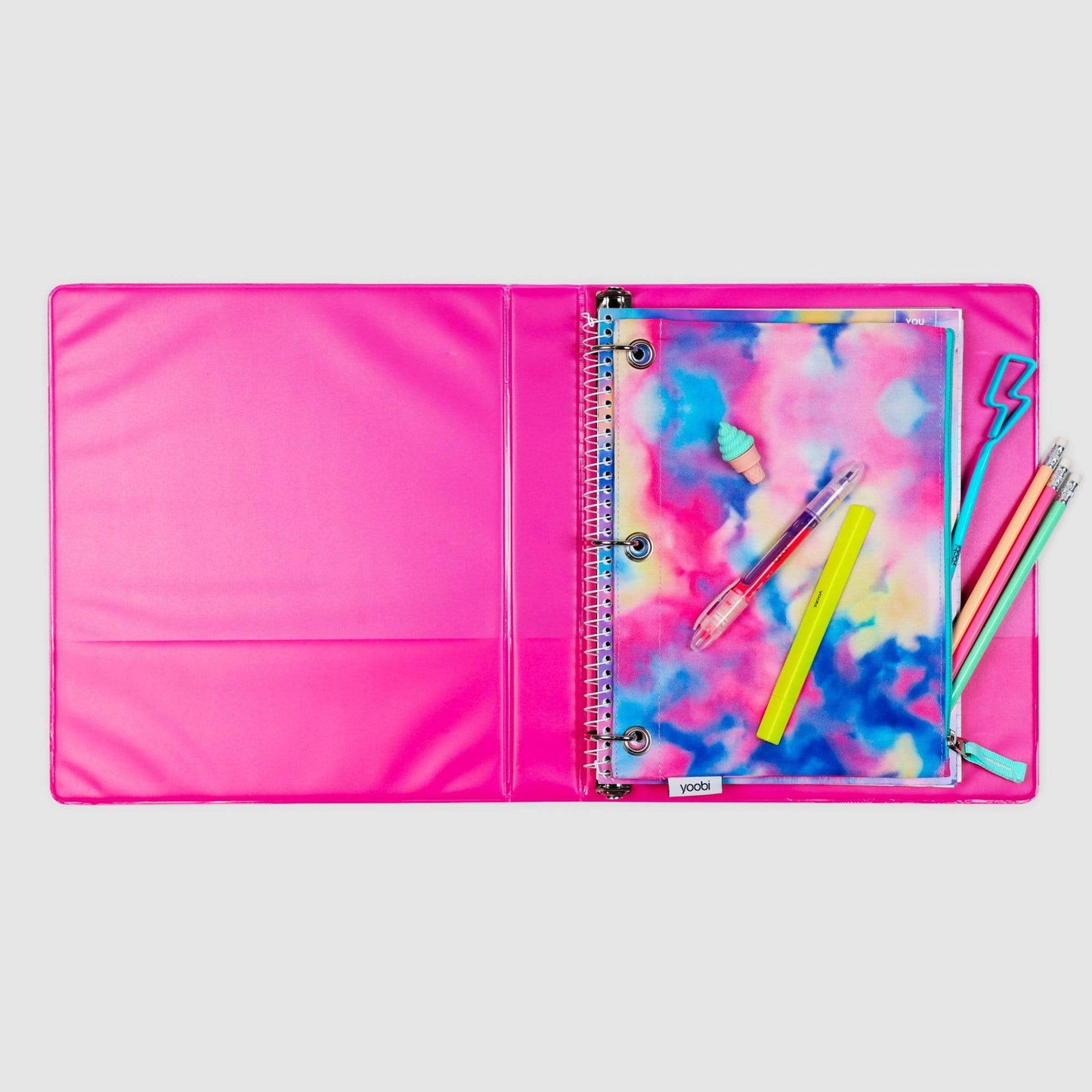inside of open 1-inch binder with 3-ring D-rings and inside pockets on both sides