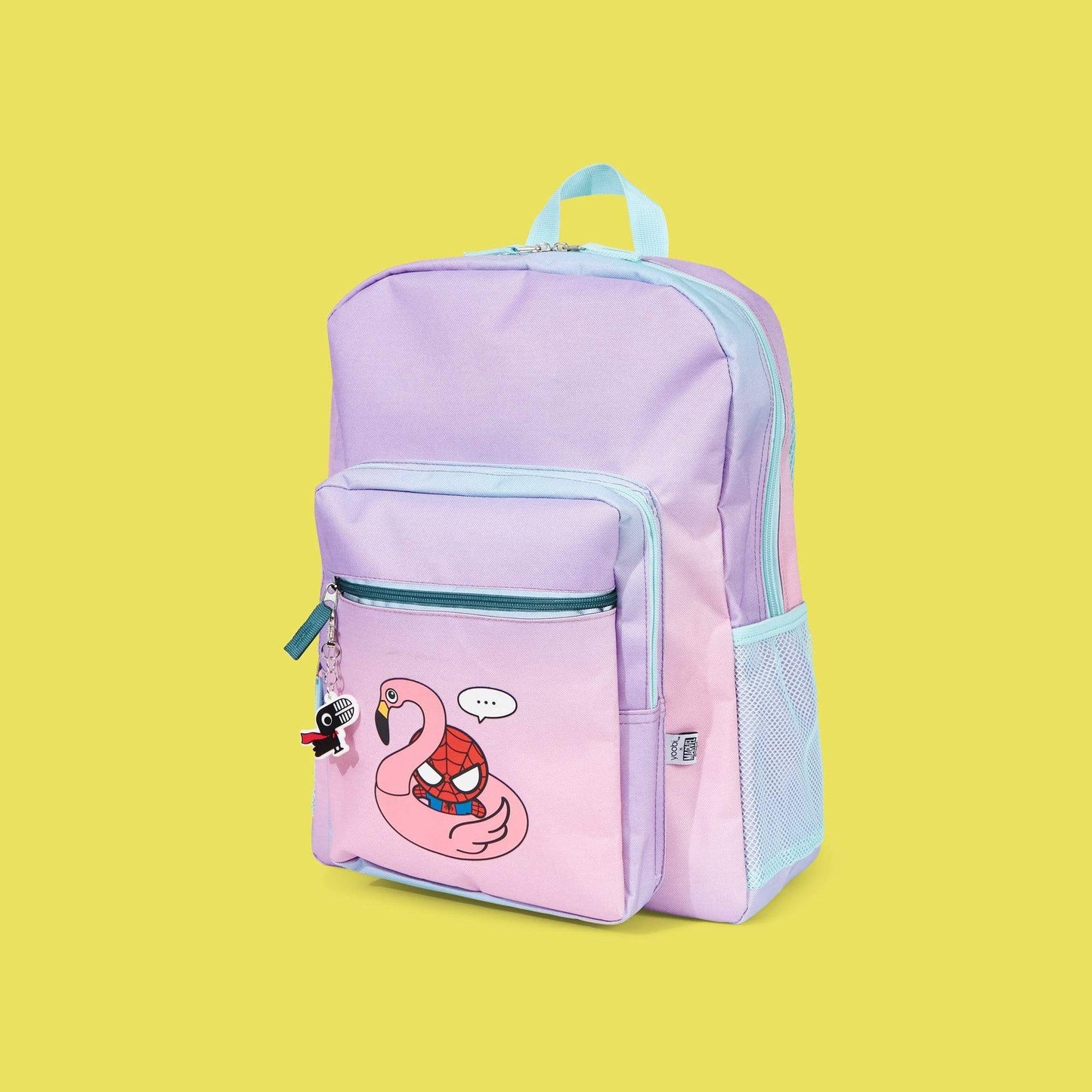 floaty Spider-Man backpack showing GWP toucan keychain. Front zipper pocket and mesh side pocket to hold a waterbottle