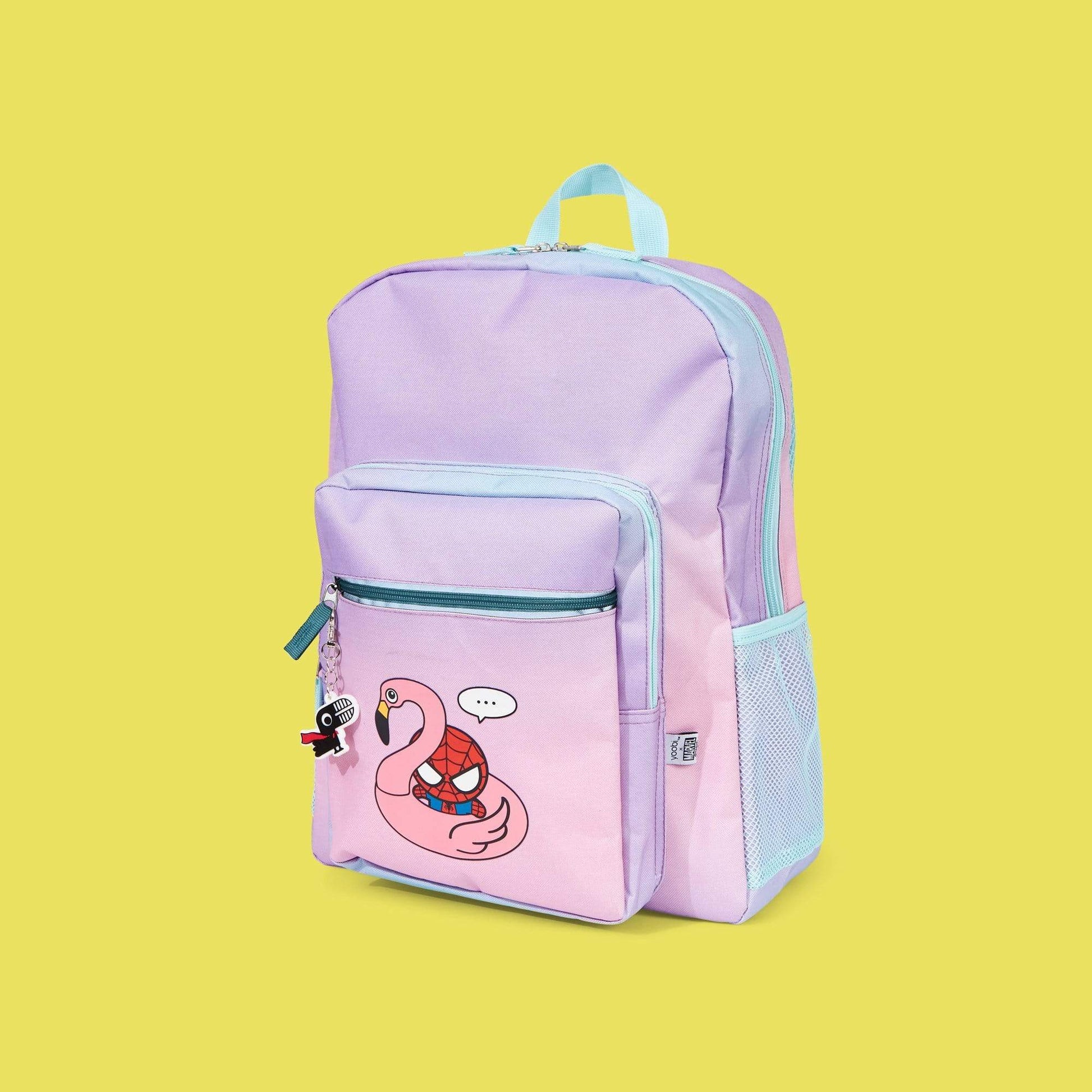 floaty Spider-Man backpack showing GWP toucan keychain.  Front zipper pocket and mesh side pocket to hold a waterbottle