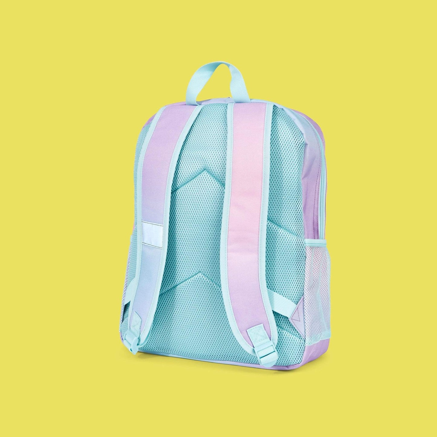 back of floaty Spider-Man backpack showing aqua back and lavender back straps. Aqua handle and zipper detail
