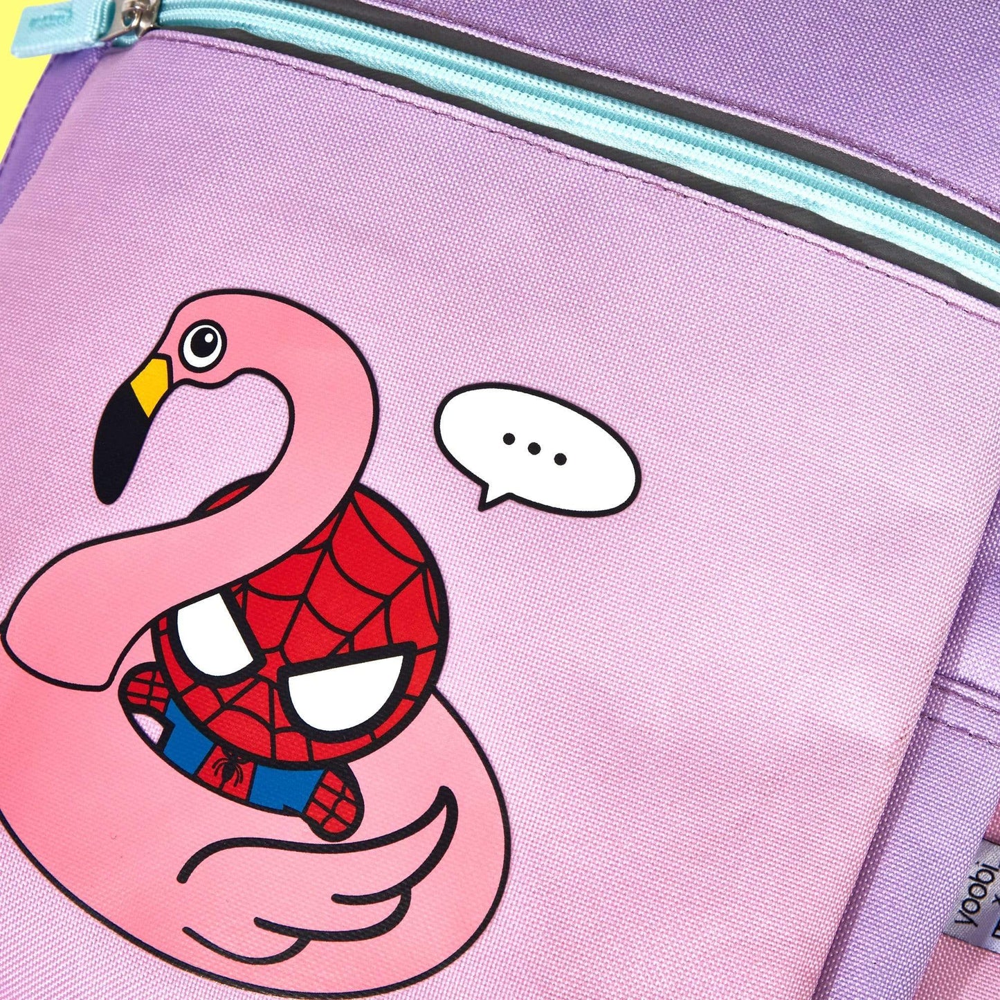 close up of floaty Spider-Man showing Spider-man on floaty swan print on front pocket