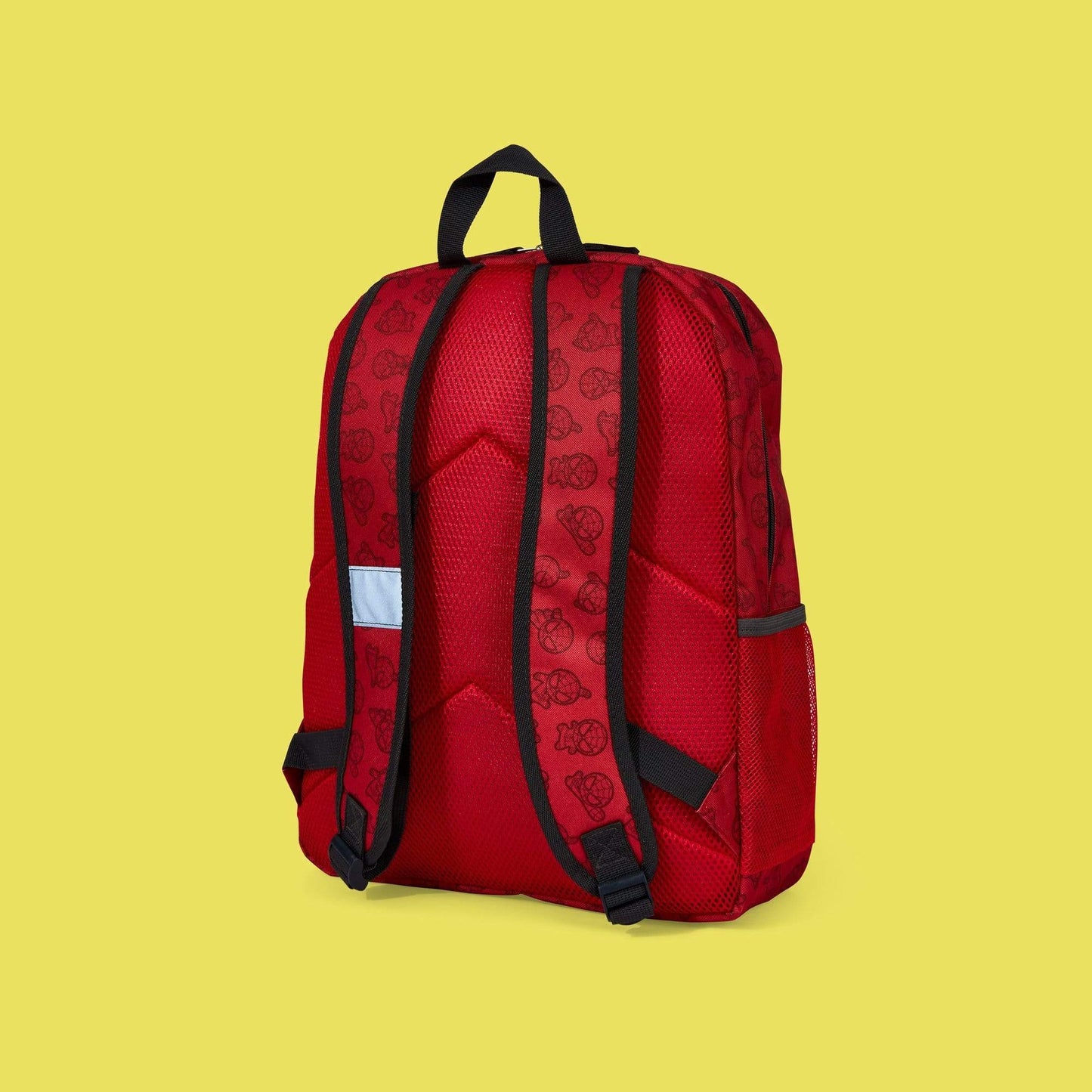 back of red Spider-Man backpack showing red mesh side pocket. Back is solid red with Spider-Man print on back straps