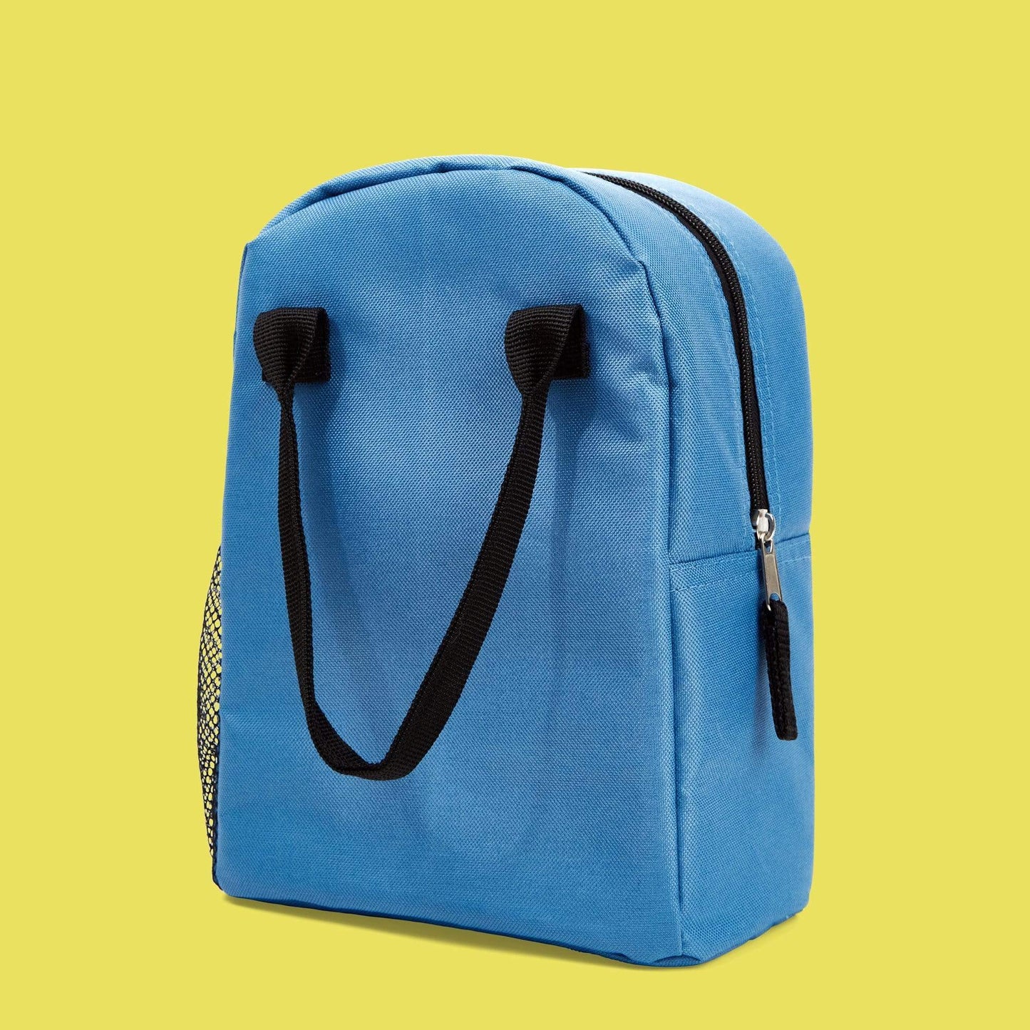 back of Spider-Man lunch bag with blue back and top zipper. Black handles and zipper detail
