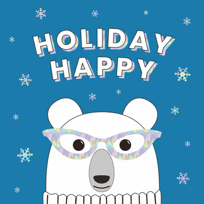Yoobi gift card with Happy Holiday message and picture of polar bear on blue background and snowflakes