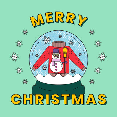 Merry Christmas gift card with Christmas sweater inside a snow globe