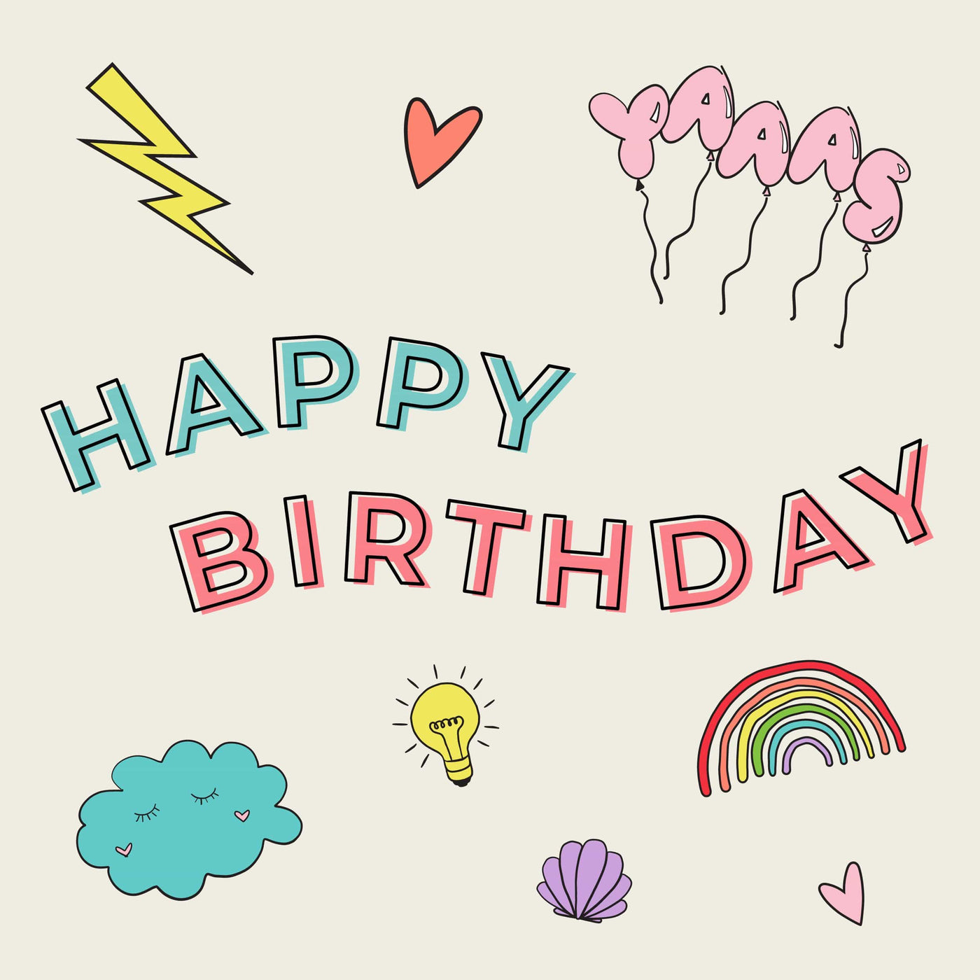 Happy Birthday gift card with cute icons white background and blue and pink lettering