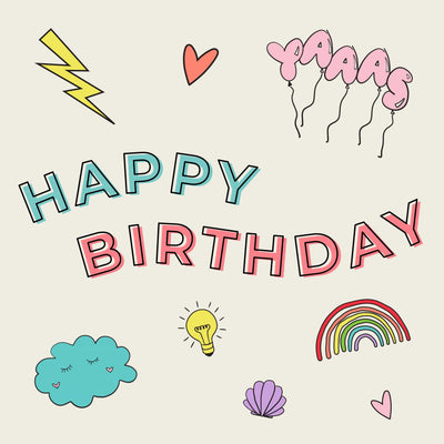 Happy Birthday gift card with cute icons white background and blue and pink lettering
