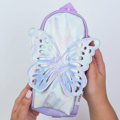 Yoobi Holographic Butterfly Pencil Case. Backpack design. Zip clsoure. Adjustable strap fits on binder or notebook. Holds pens, pencils and more supplies.