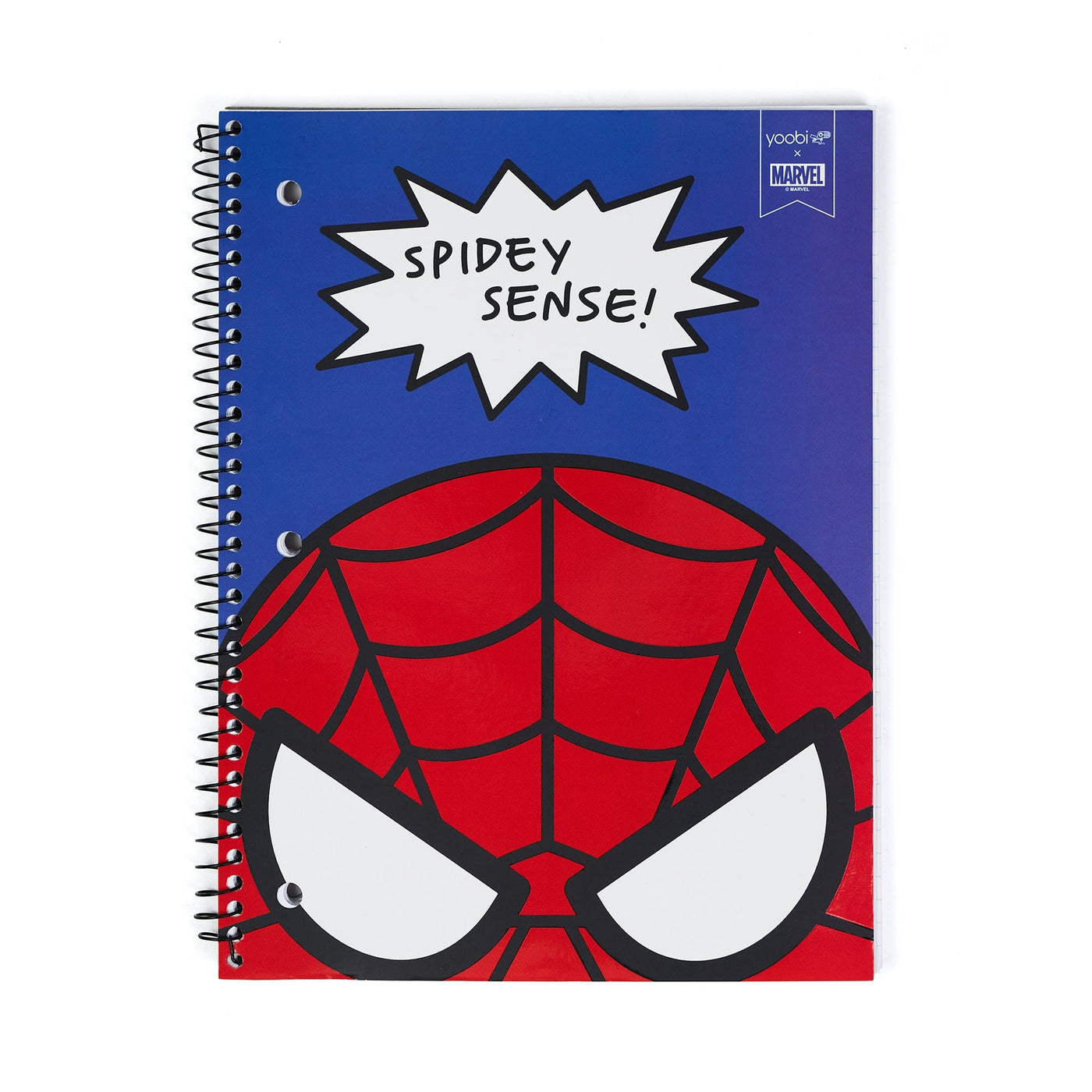 Blue one subject spiral notebook with Spider-Man character and SPIDEY SENSE! speech bubble on front cover