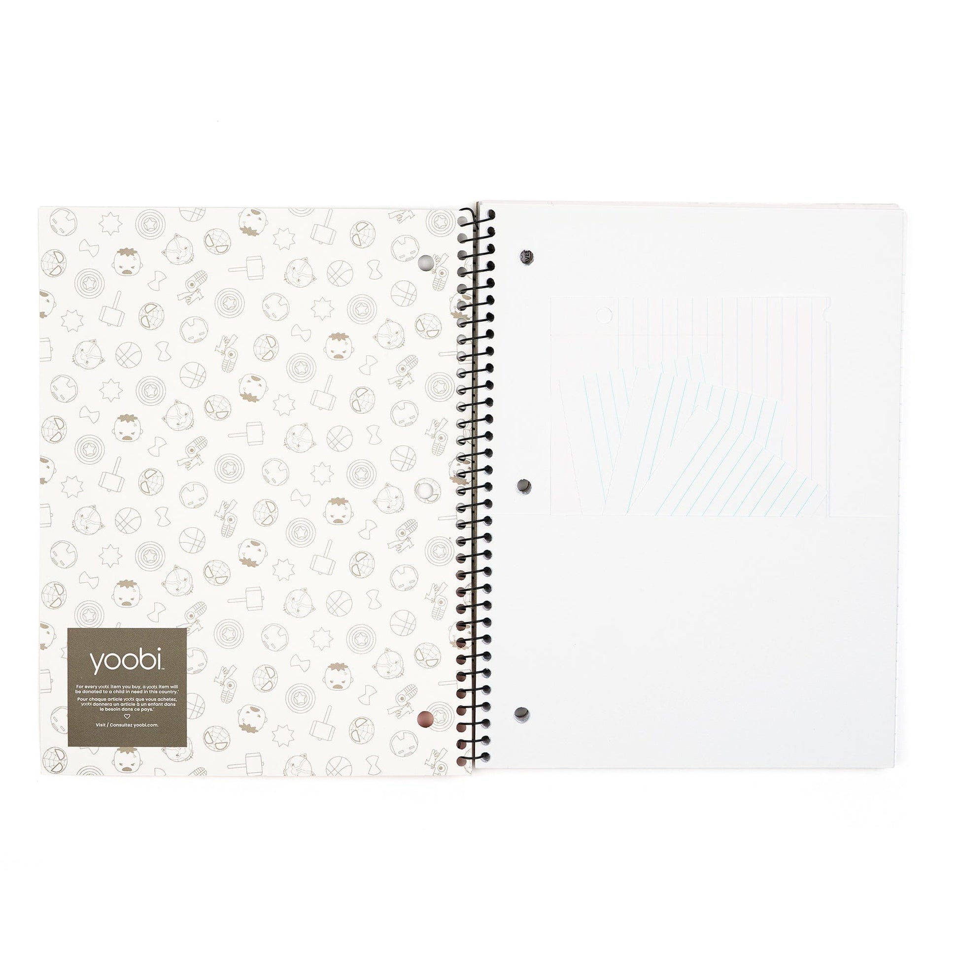 Inside cover of one subject spiral notebook showing inside front pocket on first page