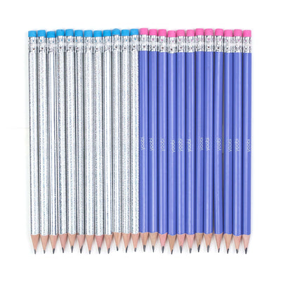 24 pack - 12 sliver glitter and 12 periwinkle pre-sharpened pencils with blue tip erasers on the silver pencils and pink tip erasers on the periwinkle pencils
