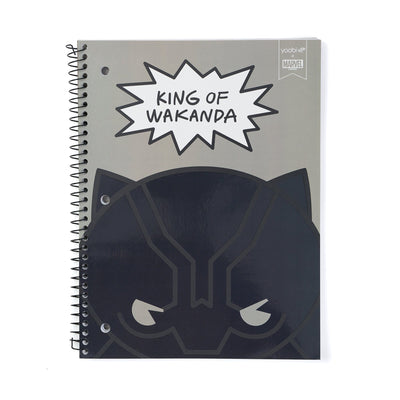 Grey one subject spiral notebook with Black Panther character print on front and KING OF WAKANDA speech bubble