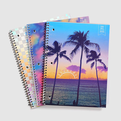 set of 3 spiral notebooks  - palm tree sunset, tie-dye and holographic check