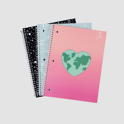set of 3 spiral notebooks - earth heart, water print and black celestial 