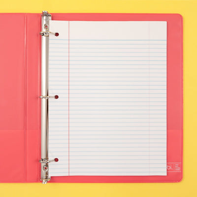 inside of open 3-ring binder showing 3-hole punched college-ruled paper inside binder