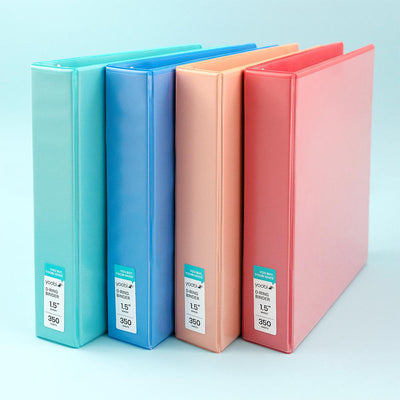 set of four 1.5-inch, 3-ring binders - aqua, blue, blush and coral