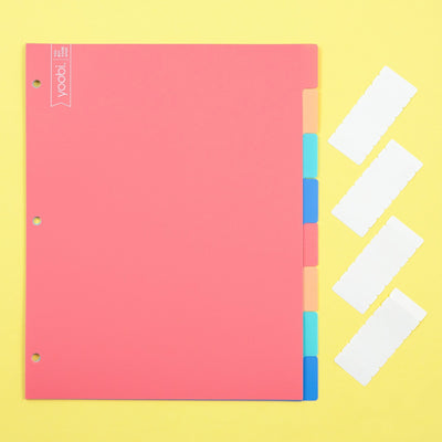 8 tab dividers with 3-hole punch and multi-color - blue, mint, blush, coral, shown with blank labels to stick on tabs