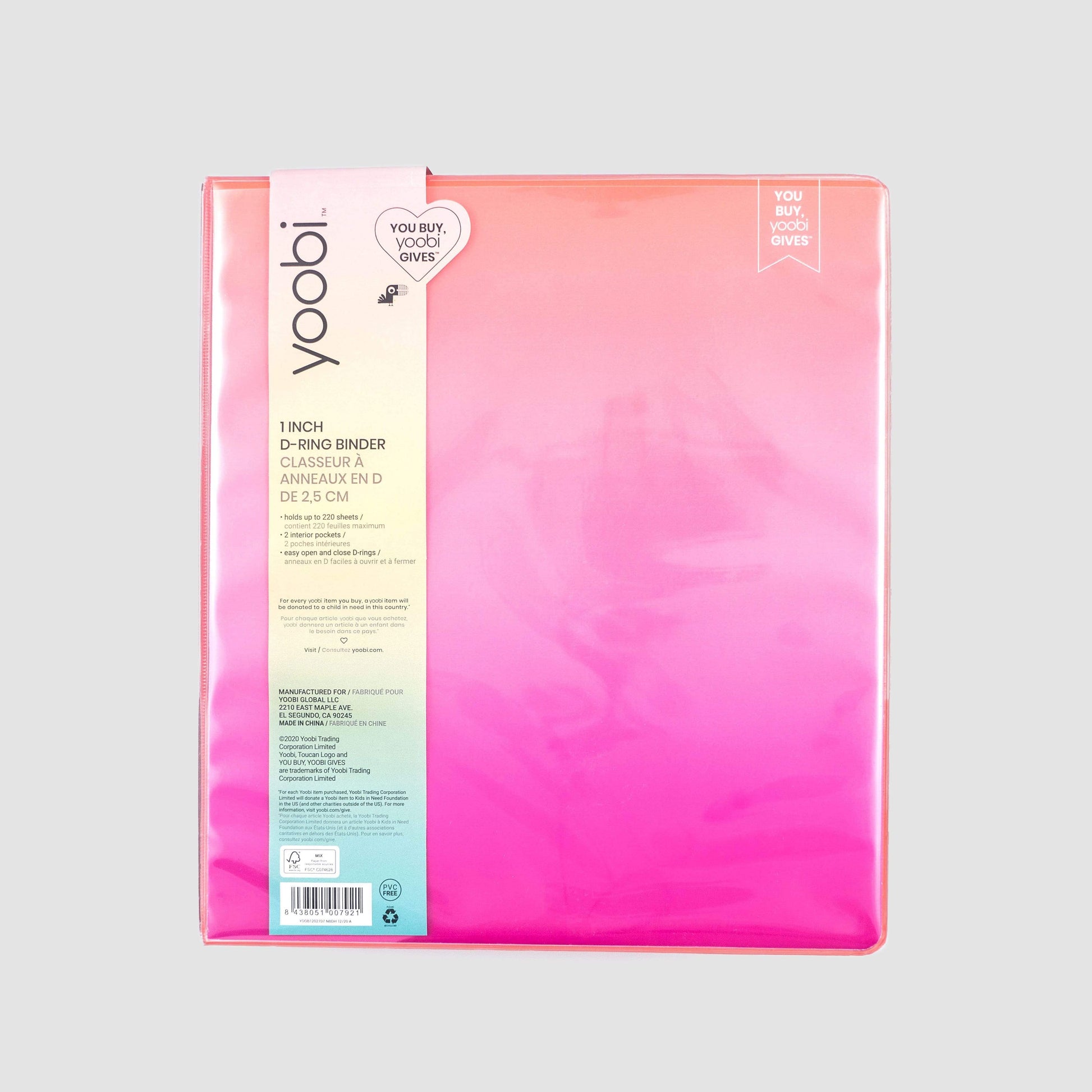 front of coral ombre 3-ring 1" binder with Yoobi label on front cover