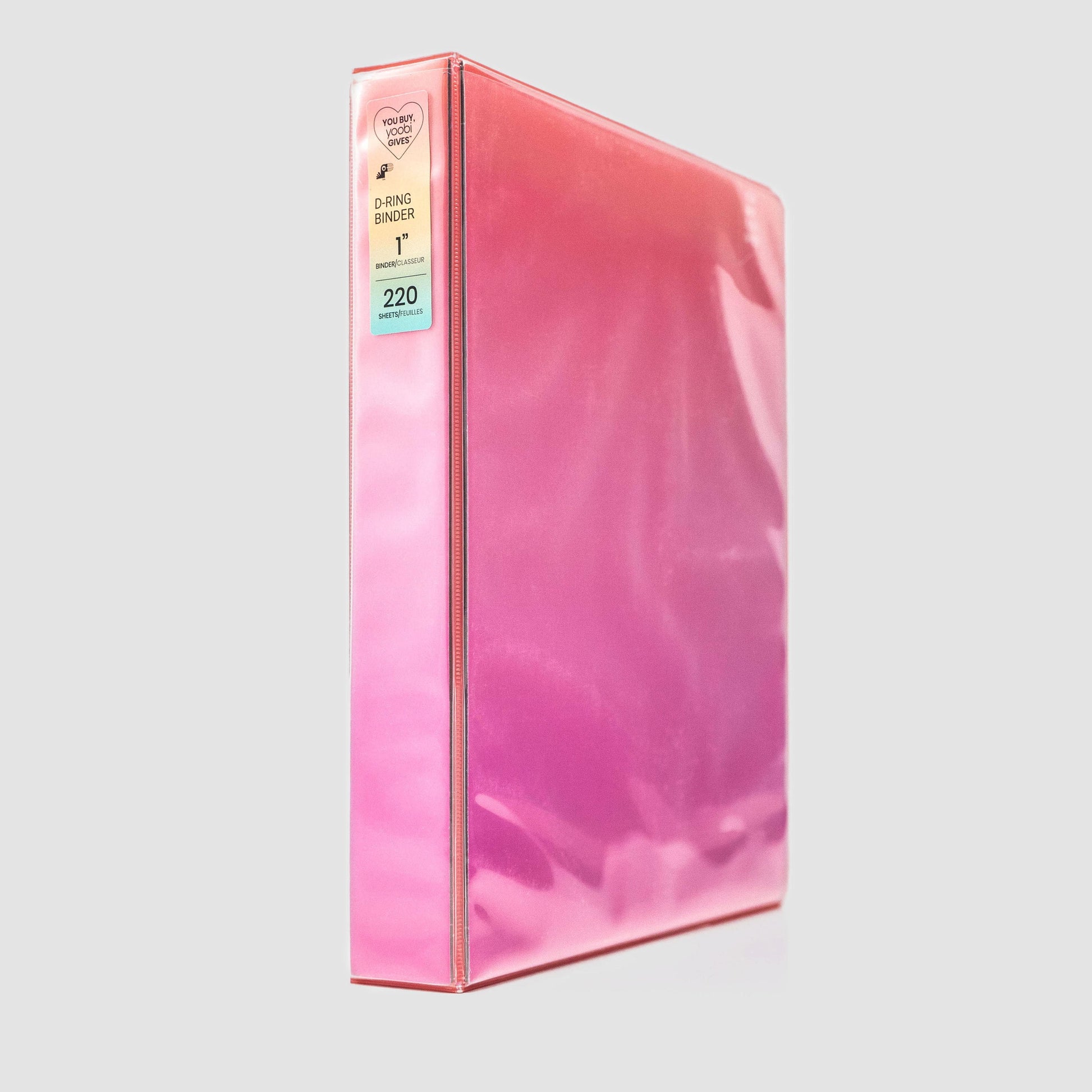 side angle of coral ombre 1" 3-ring binder showing Yoobi label on spine of binder