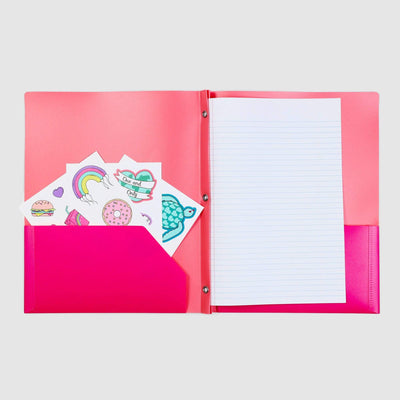 inside of pink daisy heart poly folder showing 3 prong and inside pockets
