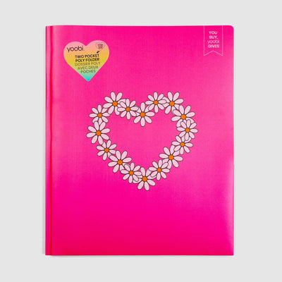 pink poly folder with daisy print shown in the shape of a heart