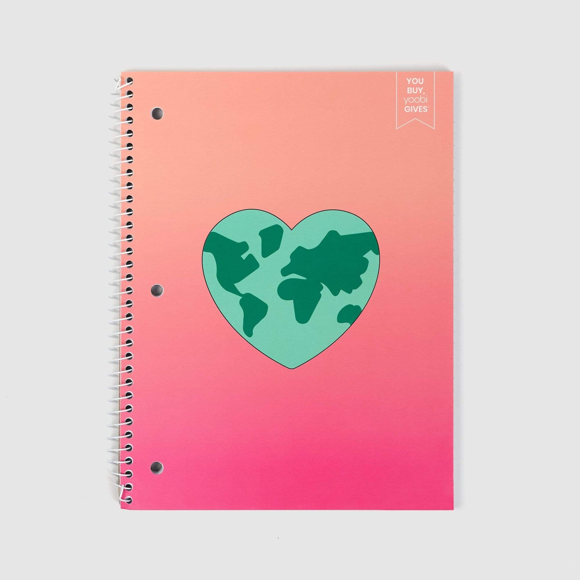 pink one subject spiral notebook with earth heart  design on front