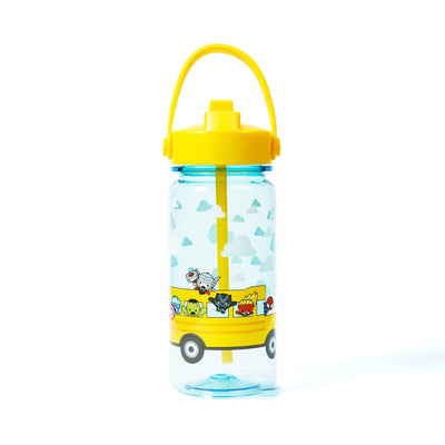 Avengers water bottle with school bus and cloud printed on a clear plastic bottle.  Avenger characters are shown in school bus windows.  Shown with yellow lid, straw and top handle