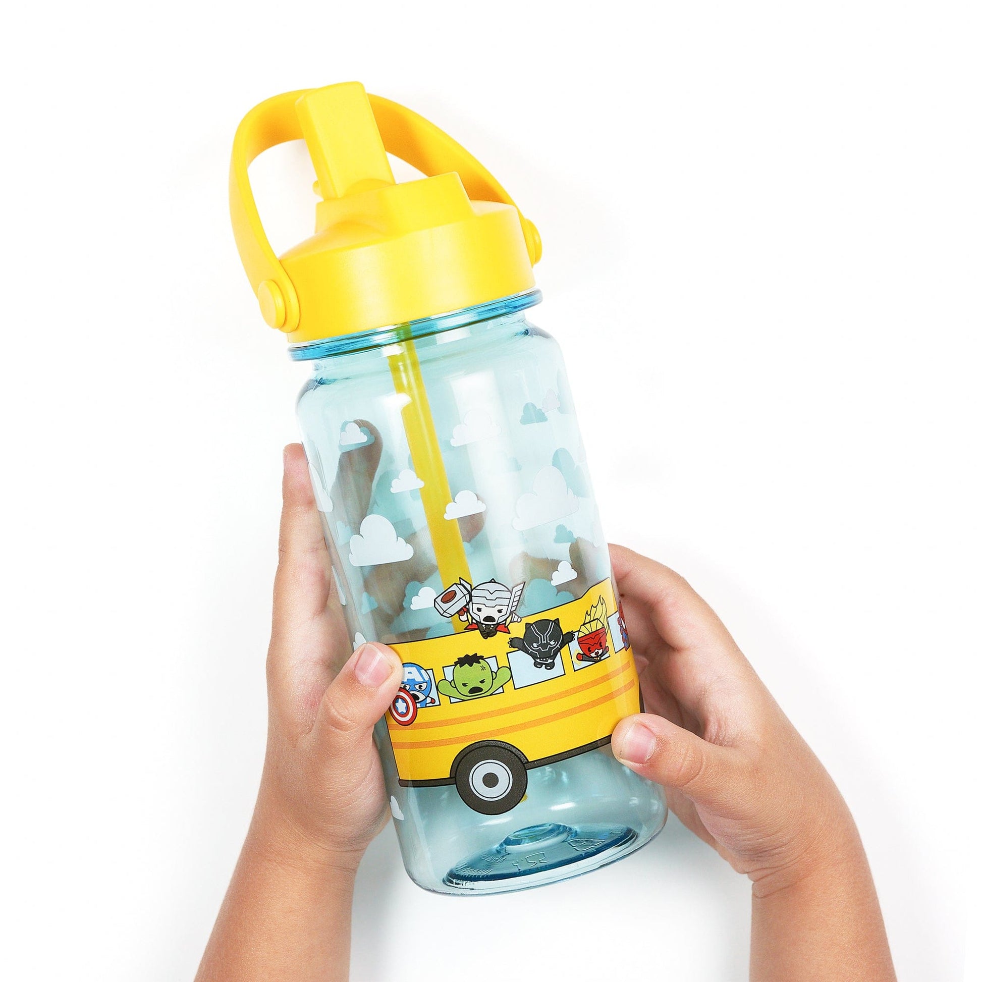 Avengers school bus water bottle shown held in hands