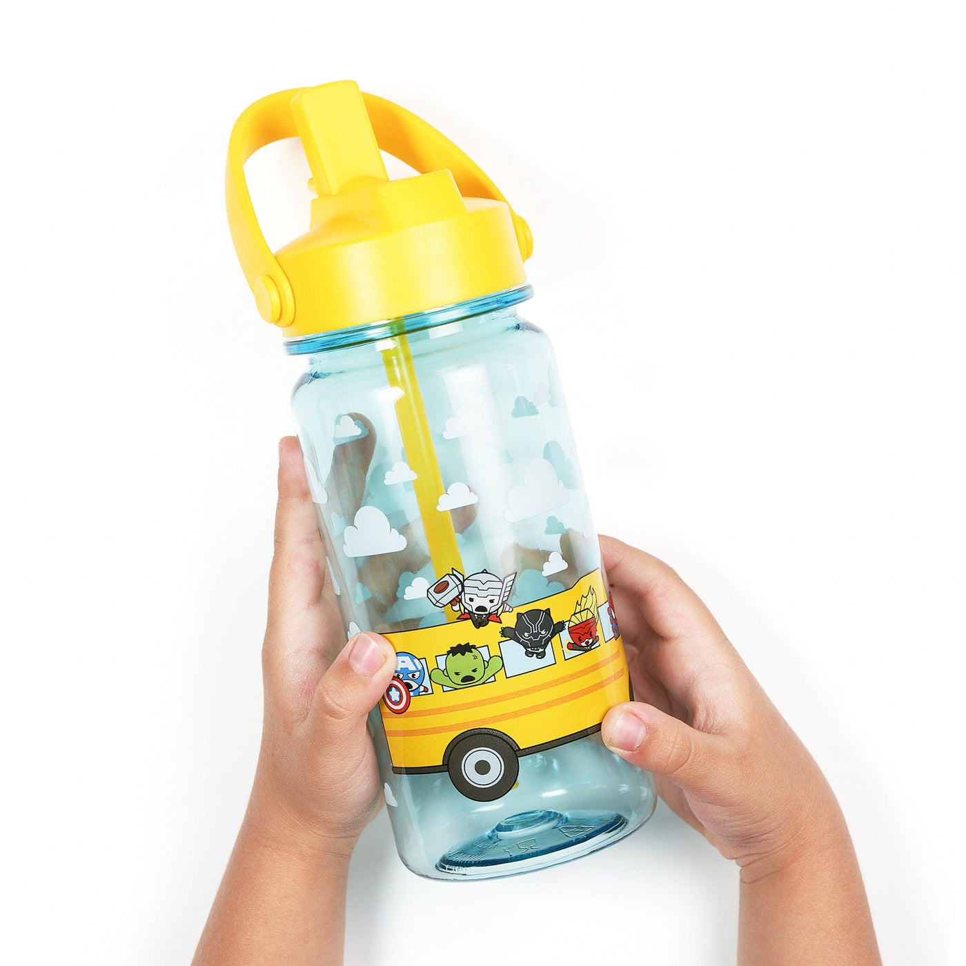 Avengers school bus water bottle shown held in hands