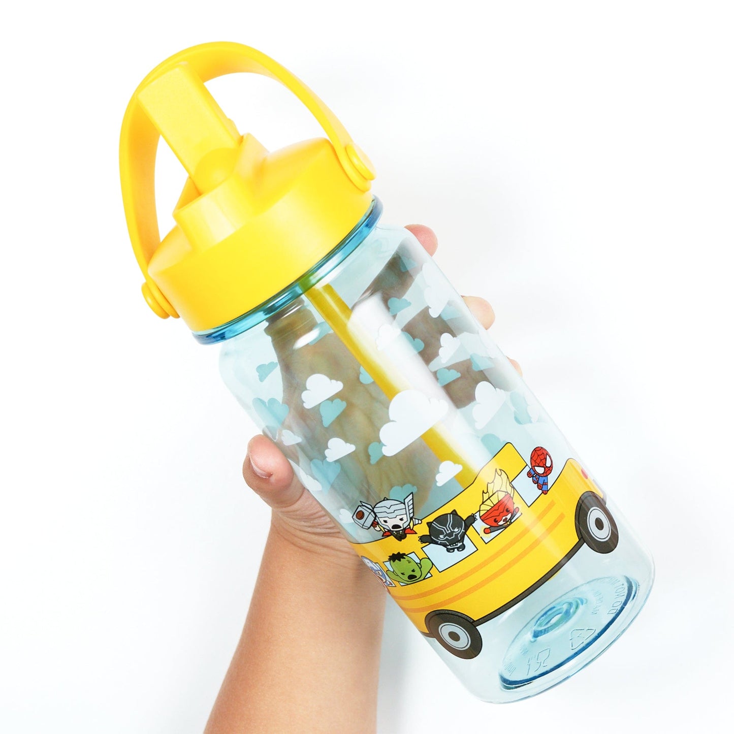 Avengers school bus water bottle shown held in hand