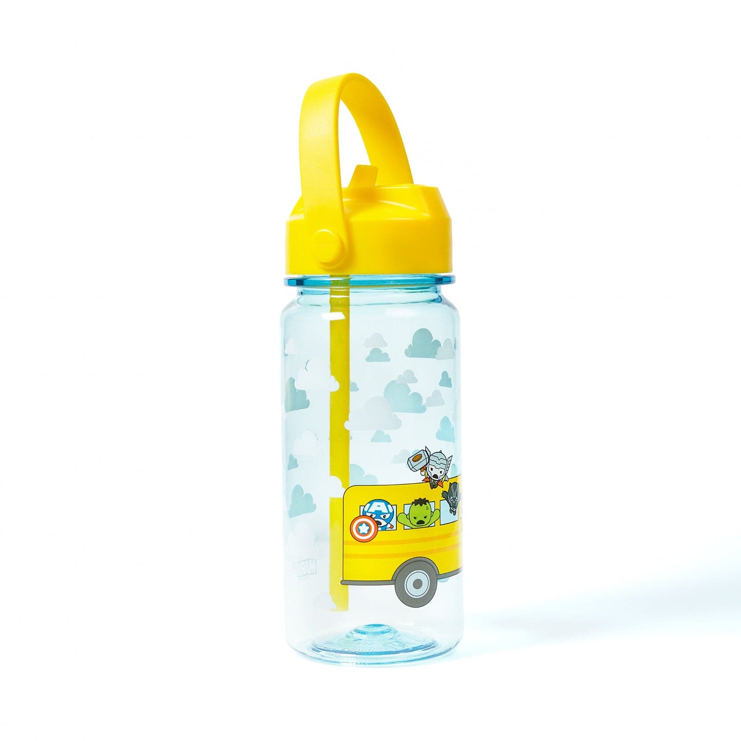 Avengers school bus water bottle shown with yellow top lid, straw, pop-up spout and top handle