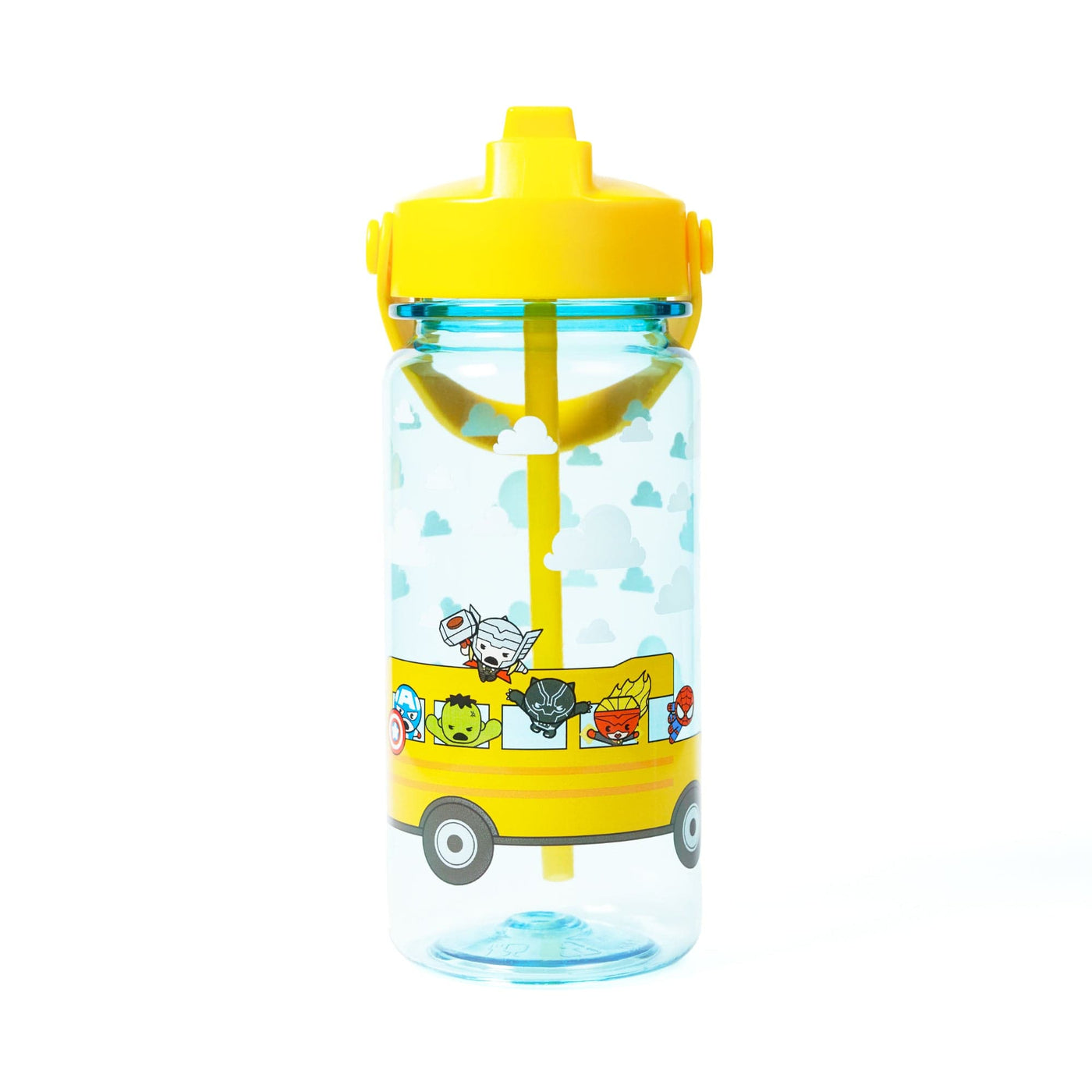 Avengers school bus water bottle with school bus print and Avenger characters in the bus windows