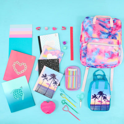 lifestyle image of daisy heart and turtle poly folders with tie-dye backpack, palm tree lunch bag and other school supplies in the collection