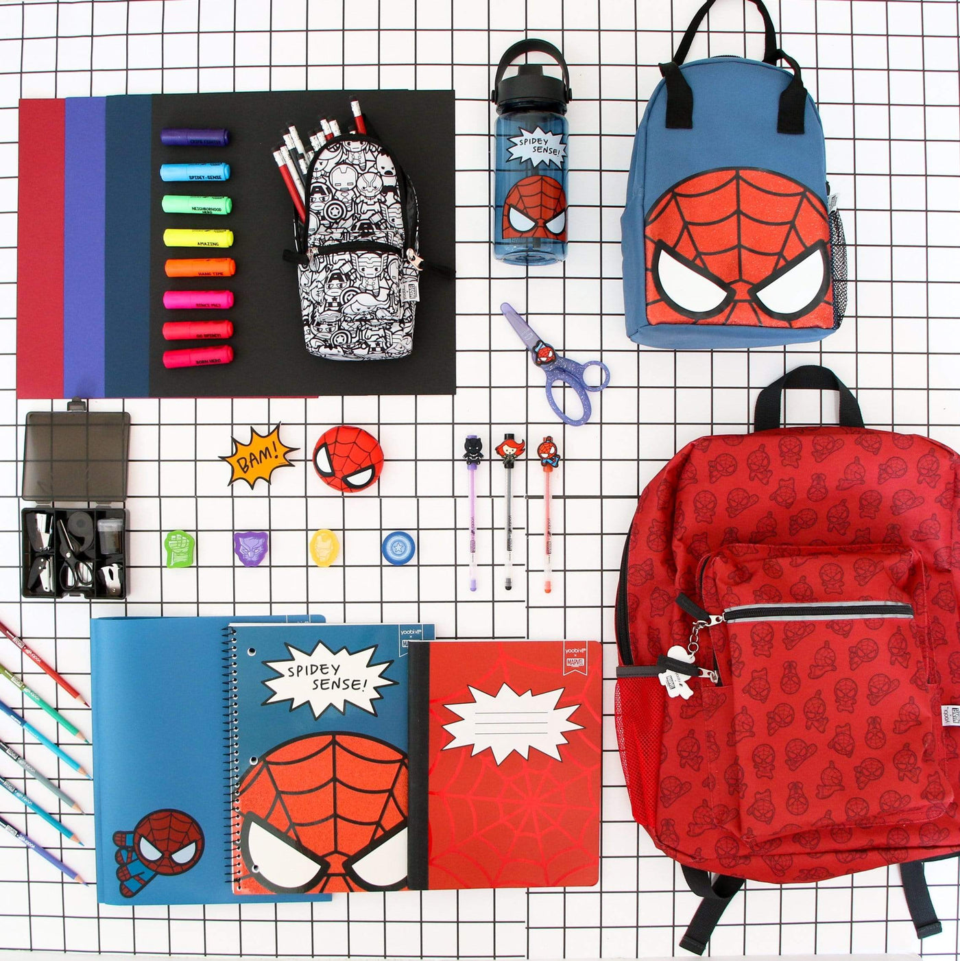 lifestyle image of Spider-Man water bottle shown with Spider-Man backpack, lunch bag and other Spider-Man school supplies