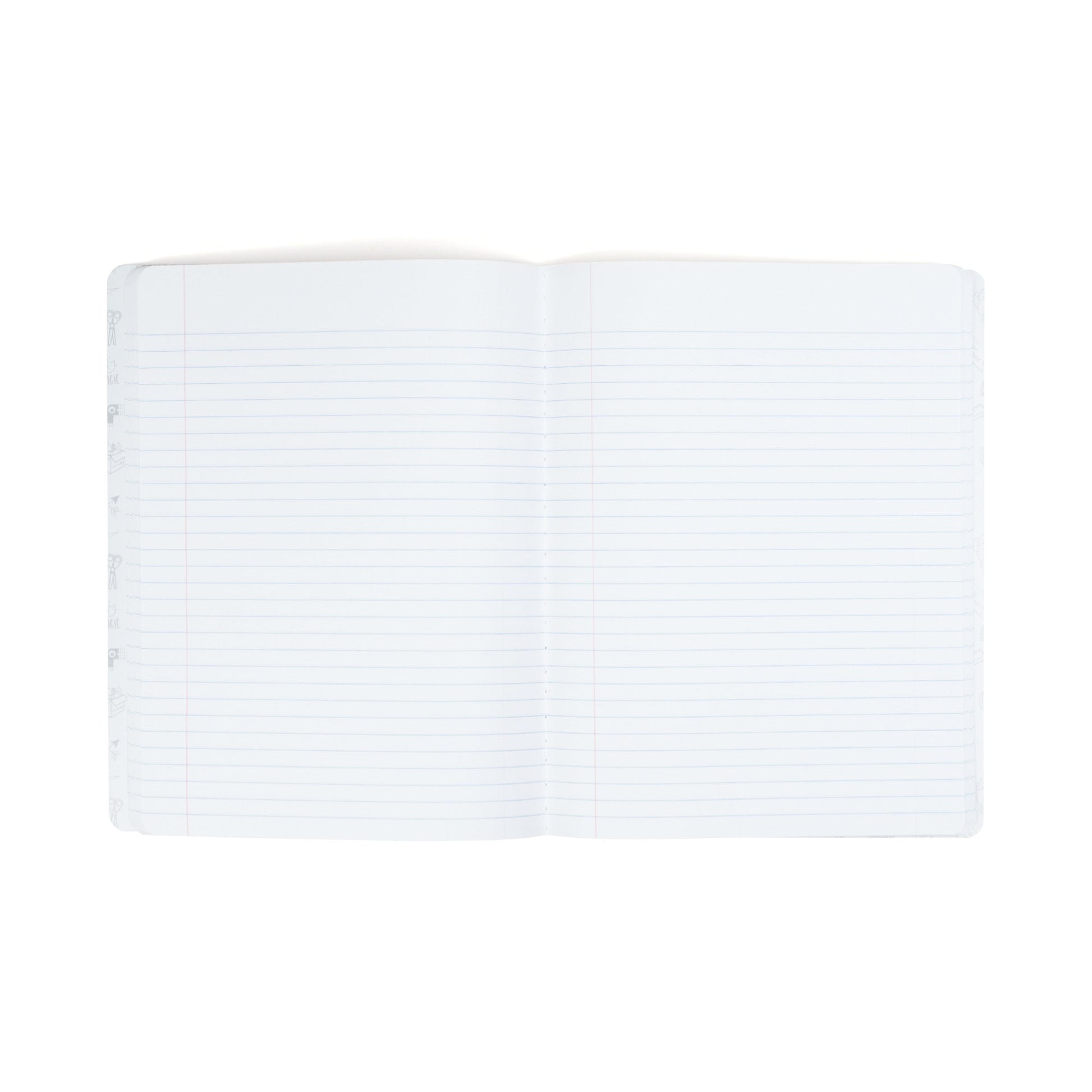 Inside of open composition book showing college rule lined paper