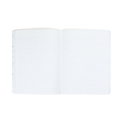 Inside of open composition book showing college rule lined paper