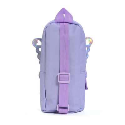 Back of holographic butterfly backpack pencil case showing lavender fabric and stretchy adjustable strap