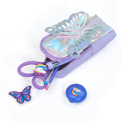 Holographic butterfly backpack pencil case shown unzipped with scissors, pen, pencils, sharpener and eraser