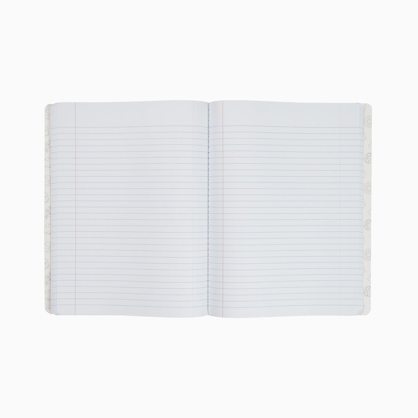 Inside of open composition book showing college rule lined paper