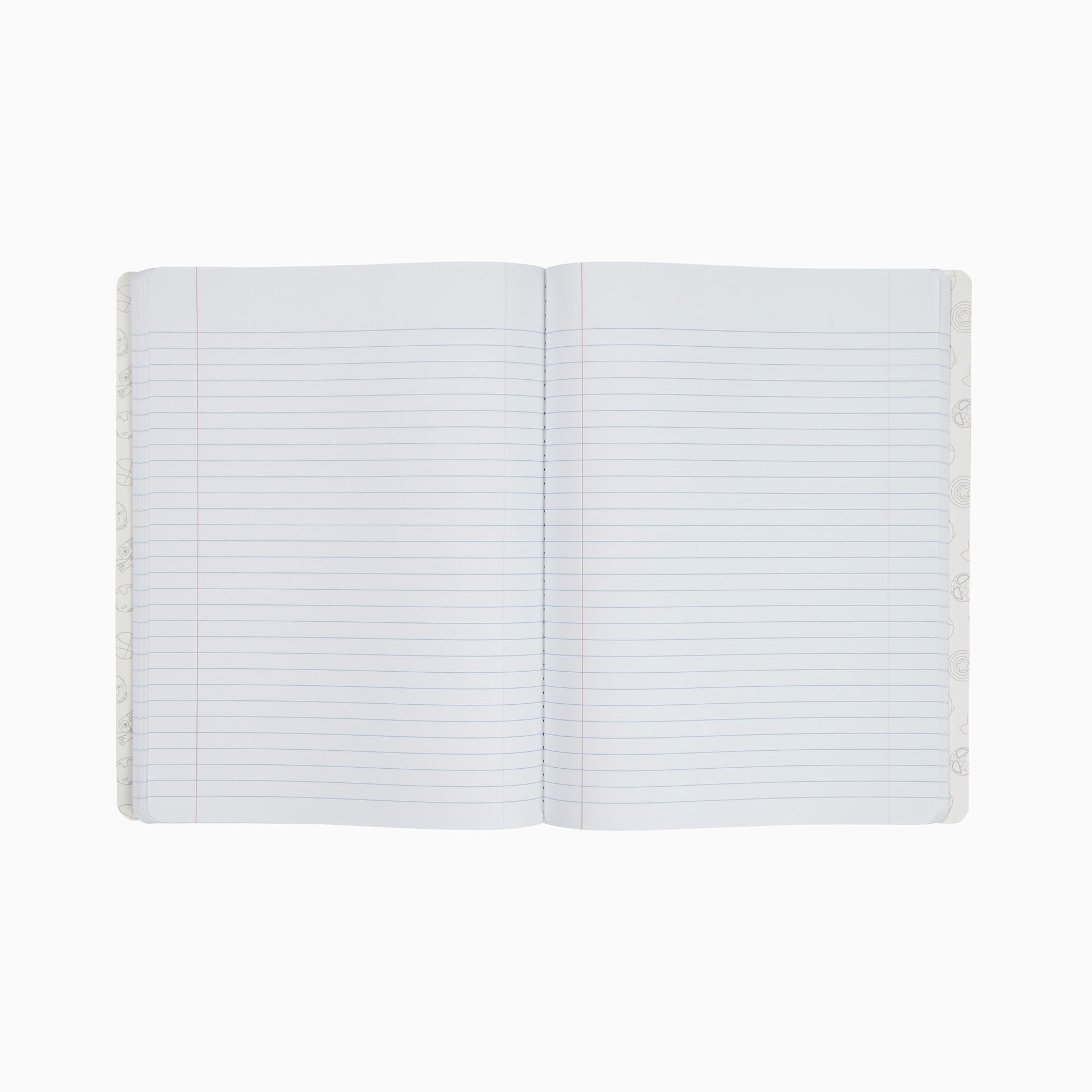 Inside of open composition book showing college rule lined paper