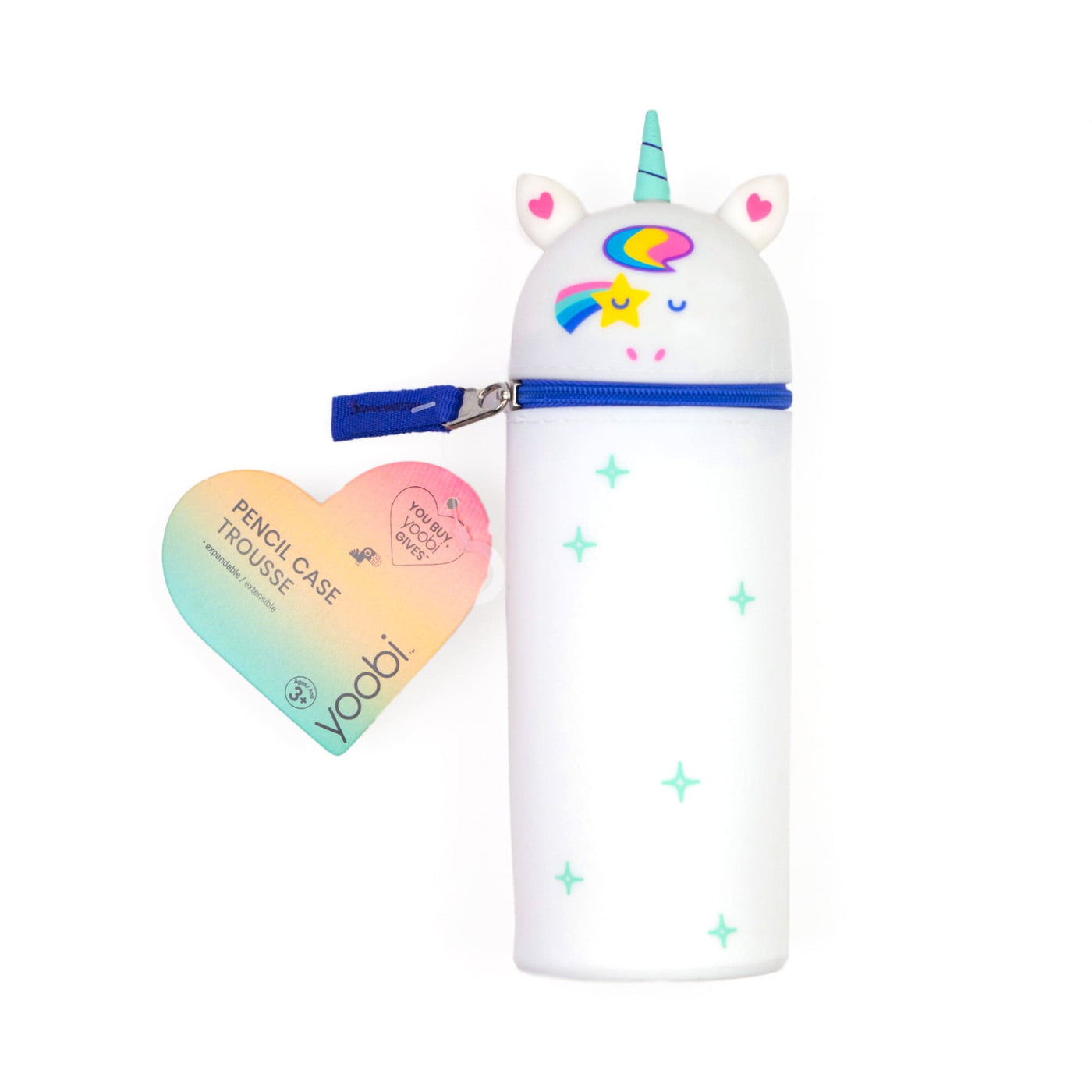 Standing unicorn pencil case shown with Yoobi label tag