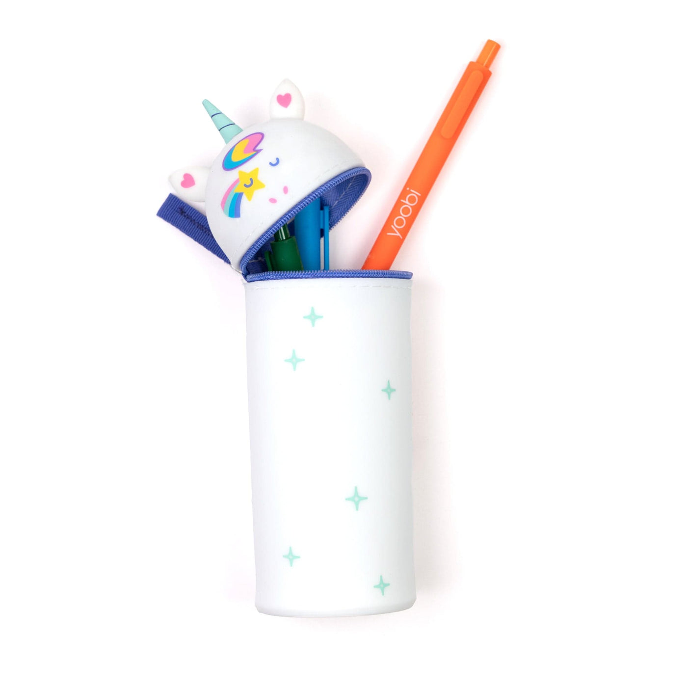 Standing unicorn pencil case with top unzipped showing pens inside