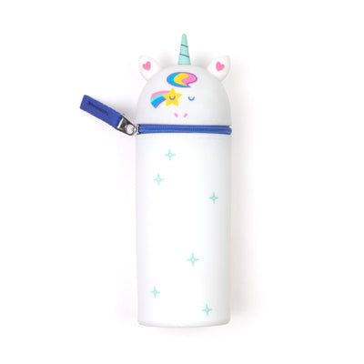 Standing white pencil case with unicorn shaped top and blue zipper detail
